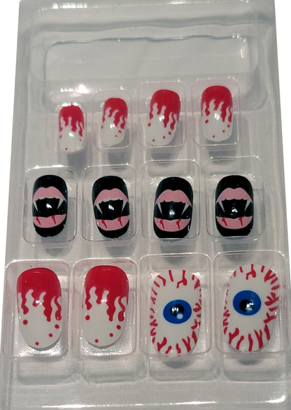 Ghoulish Glamour: 12 Pcs Fake Temporary White and Red Blood Splatter Halloween Press-On Nails with Eyeballs and Vampire Fangs