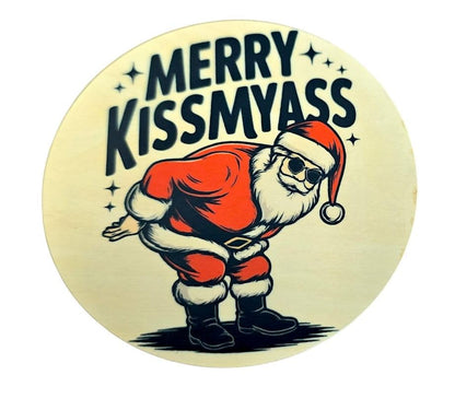 Humorous Christmas Wooden Coasters – 4-Pack Double-Sided Merry Kiss My Ass/I Do It for The Ho’s” Design | Sous-verres en Bois Noël (4 unités) - Cadeau drôle fait Main