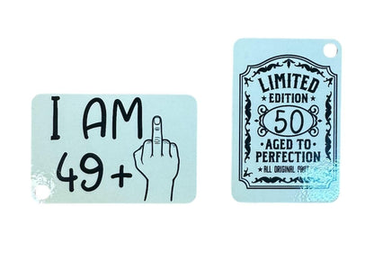 Handmade 15oz White Ceramic Mug – Funny “I AM 49 + Middle Finger = 50” Design – Includes Matching Coaster & Keychain – Gag Birthday Gift – Cadeau Anniversaire Humour