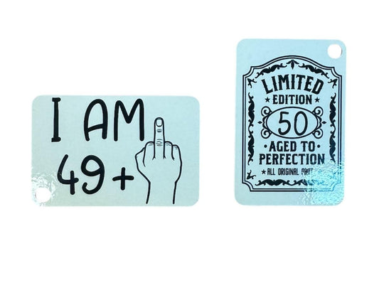 Handmade 15oz White Ceramic Mug – Funny “I AM 49 + Middle Finger = 50” Design – Includes Matching Coaster & Keychain – Gag Birthday Gift – Cadeau Anniversaire Humour