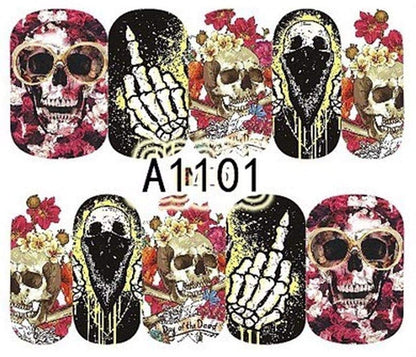 Full Sheet Skull with Roses Skeleton Middle Finger Nail Decal Punk Gothic Rockabilly Fuck You Skull Nail Wrap Decals Sticker Salon Quality Nail Art - Great for Halloween!