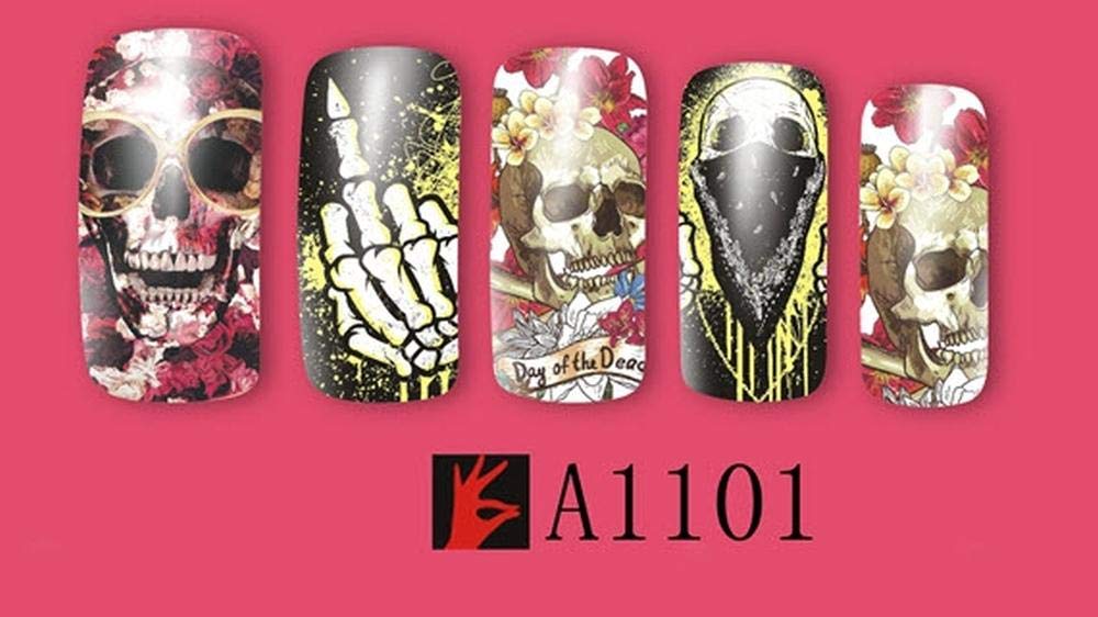 Full Sheet Skull with Roses Skeleton Middle Finger Nail Decal Punk Gothic Rockabilly Fuck You Skull Nail Wrap Decals Sticker Salon Quality Nail Art - Great for Halloween!