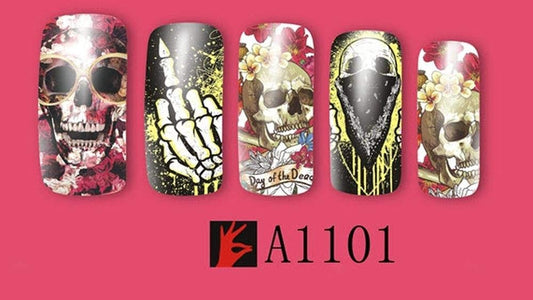 Full Sheet Skull with Roses Skeleton Middle Finger Nail Decal Punk Gothic Rockabilly Fuck You Skull Nail Wrap Decals Sticker Salon Quality Nail Art - Great for Halloween!