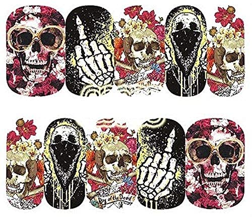 Full Sheet Skull with Roses Skeleton Middle Finger Nail Decal Punk Gothic Rockabilly Fuck You Skull Nail Wrap Decals Sticker Salon Quality Nail Art - Great for Halloween!