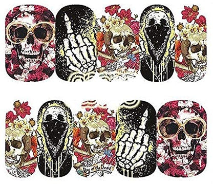 Full Sheet Skull with Roses Skeleton Middle Finger Nail Decal Punk Gothic Rockabilly Fuck You Skull Nail Wrap Decals Sticker Salon Quality Nail Art - Great for Halloween!