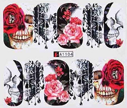 Skull & Rose Water Decal Nail Stickers – Gothic Floral Skull Nail Art Transfers | 1 Sheet 10 Designs | Soak to Apply | Autocollants Ongles Décalcomanies Crâne & Roses - Punk Gothic Rockabilly Skulls and Roses