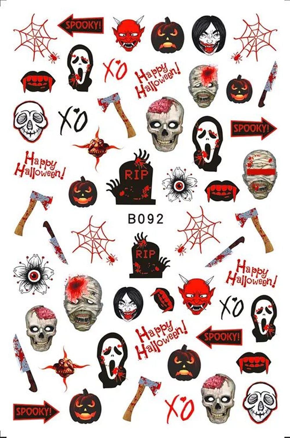 Scream - Halloween Horror Nail Art Stickers, Skull Pumpkin Vampire Spider Knife Axe Ghostface Self-Adhesive Nail Decals for Acrylic Gel Natural Nails