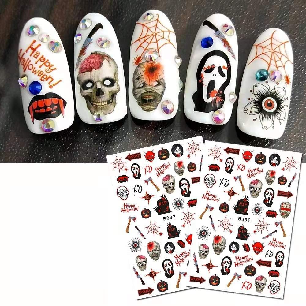 Scream - Halloween Horror Nail Art Stickers, Skull Pumpkin Vampire Spider Knife Axe Ghostface Self-Adhesive Nail Decals for Acrylic Gel Natural Nails