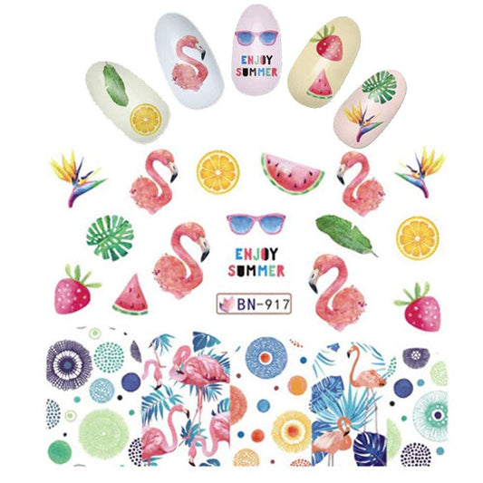 Strawberry Orange Watermelon Pink Flamingo Nail Wrap Tropical Decals Sticker Salon Quality Nail Art - 1 Sheet Strawberries