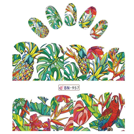 Tropical iNspired Nail Wraps Parrot Watercolor Fruits Pinapple Decals Sticker Salon Quality Nail Art - 1 Sheet