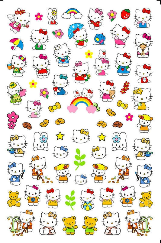 Kitty in Different Bows Rainbow Umbrella Flower Nail Stickers Over 50 Stickers Kawaii Kitty Nail Stickers Hello