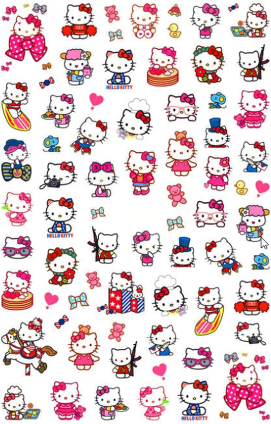 Kitty Nail Stickers - Hello Over 50 cute stickers designs pink polka dot bows, gangstar attitude, horse riding, surfing a touch of kawaii