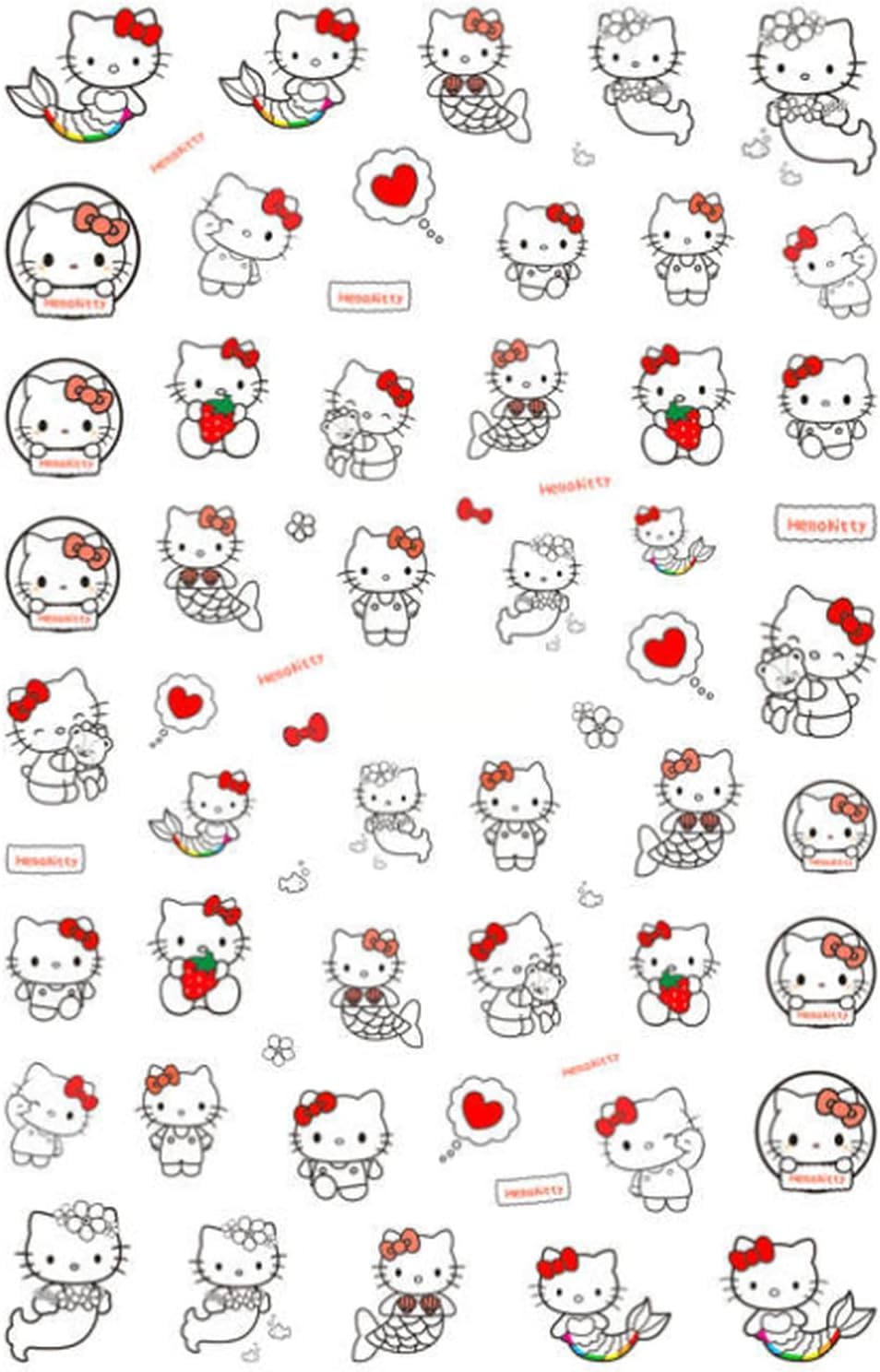 Nail Sticker Kitty Mermaid Sea Inspired Cartoon Hello Cat Nail Stickers - Kawaii Red Heart Stickers Bow Cat Decals for Adorable Nail Art
