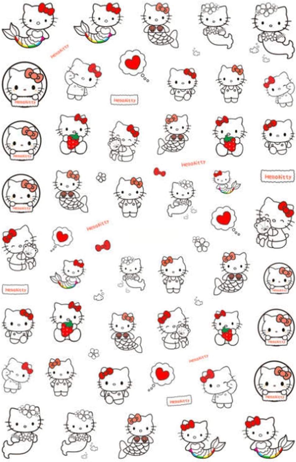 Nail Sticker Kitty Mermaid Sea Inspired Cartoon Hello Cat Nail Stickers - Kawaii Red Heart Stickers Bow Cat Decals for Adorable Nail Art