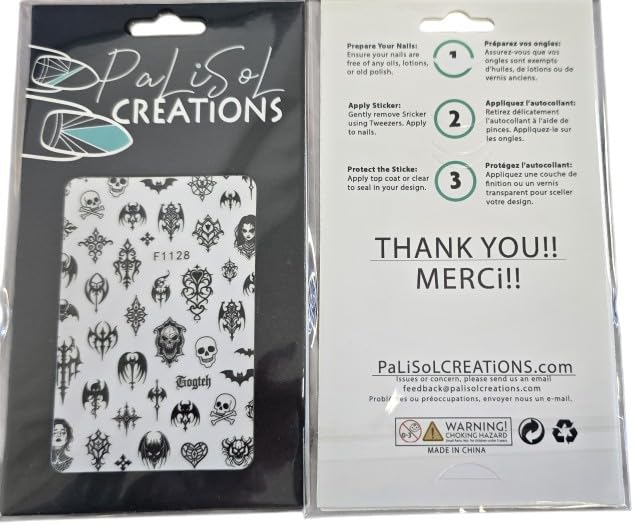 Gothic Skull & Heart Nail Stickers – Black & White Punk Designs Wings, Webs & Crosses – Halloween Goth Nail Art Decals – Autocollants d’Ongles Gothiques Noir et Blanc