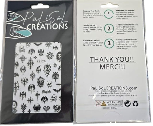 Gothic Skull & Heart Nail Stickers – Black & White Punk Designs Wings, Webs & Crosses – Halloween Goth Nail Art Decals – Autocollants d’Ongles Gothiques Noir et Blanc