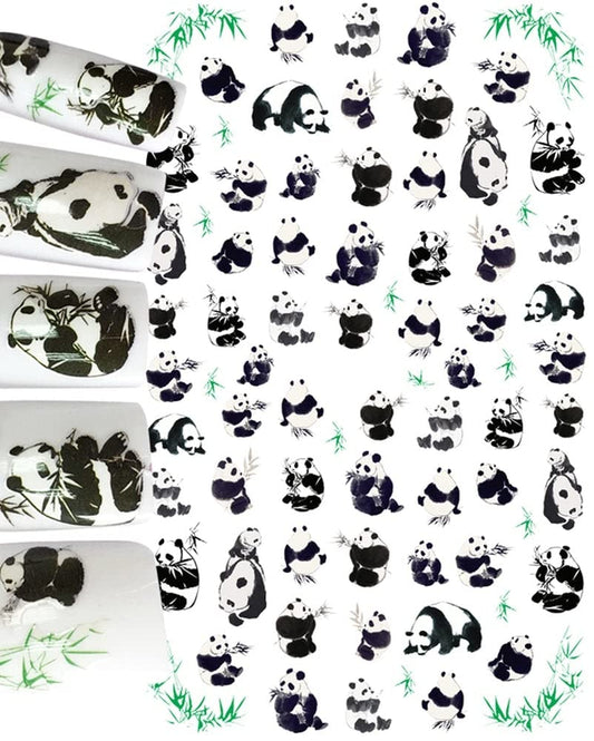 Panda Bear Nail Art Stickers for Fun Unique Look! Black White Green Bamboo