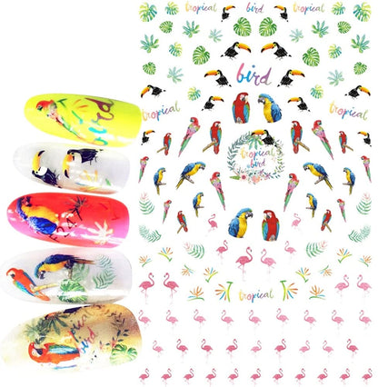Tropical Parrot Birds Nail Art Stickers with Pink Flamingos, Colorful! Paradise Tucan
