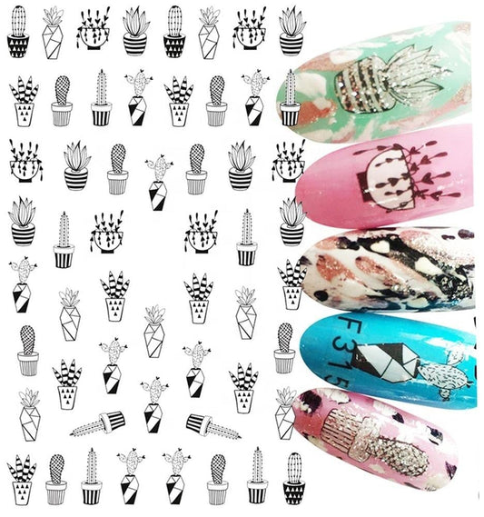 Potted Cactus and Succulent Black and White Nail Stickers Nail Art