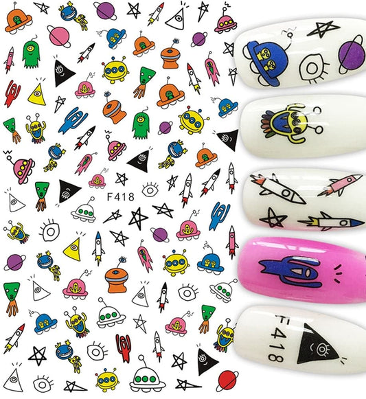 Space UFO Planets Nail Art Stickers – Third Eye, Rockets, Stars & Galaxy Designs | Cute Cosmic Manicure Decals