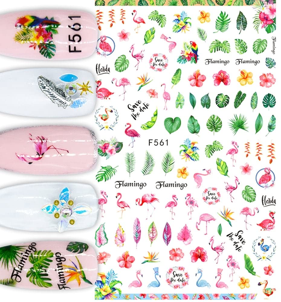 Flamingo & Tropical Nail Stickers – Floral Leaf Summer Nail Art Decals | Fingernail Stickers | Autocollants Ongles Flamant Tropical