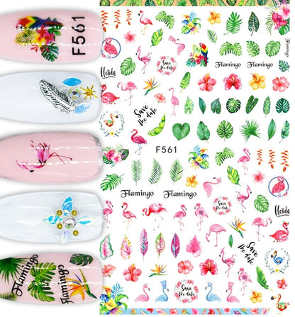Flamingo & Tropical Nail Stickers – Floral Leaf Summer Nail Art Decals | Fingernail Stickers | Autocollants Ongles Flamant Tropical