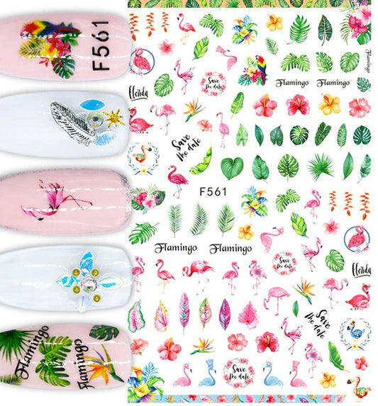 Flamingo & Tropical Nail Stickers – Floral Leaf Summer Nail Art Decals | Fingernail Stickers | Autocollants Ongles Flamant Tropical