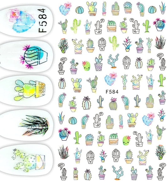 Cactus & Succulent Nail Stickers – Potted Plant Botanical Nail Art Decals Fingernail Stickers Autocollants Ongles Cactus Plantes Succulentes