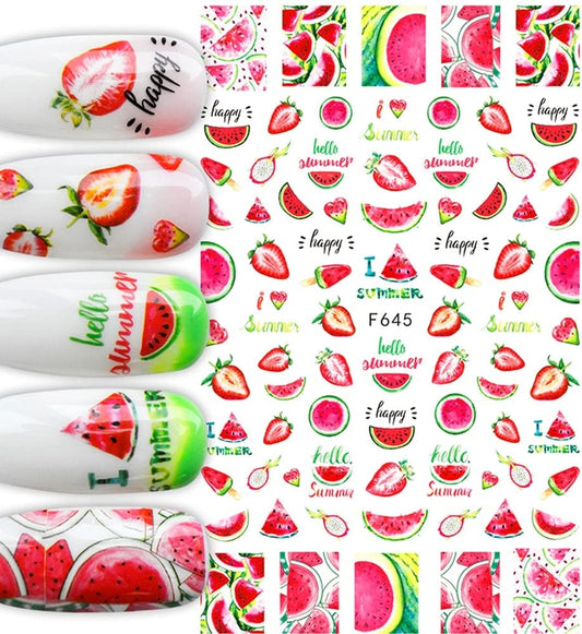 Say Hello Summer Watermelon and Strawberry Nail Stickers – Fresh Juicy Fruit Decals for Bright Summer Manicure, Self Adhesive Fingernail Art