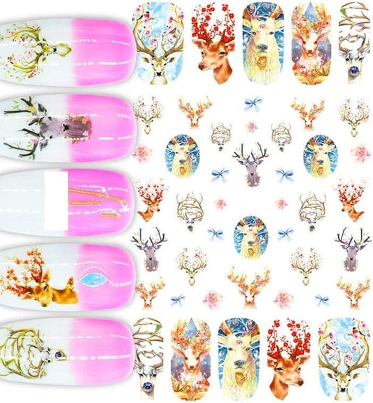 Deer Nail Stickers Floral Antler Nail Art, Nature Fingernail Decals Stickers with Deers, Antlers & Flowers | Ongles Cerf , Floral et Bohème