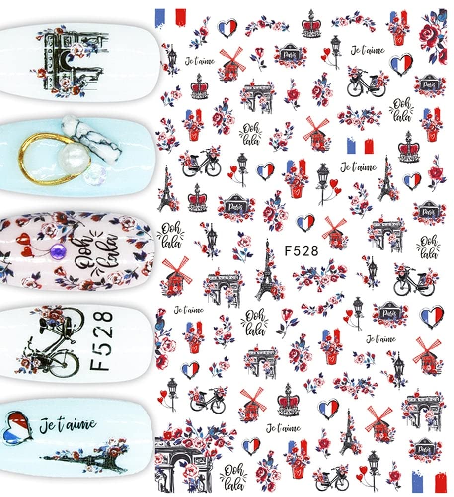 Paris Nail Art Stickers, Eiffel Tower French Rose Bicycle Je T’aime Nail Decals, Red Blue Floral France Manicure, Romantic Nails