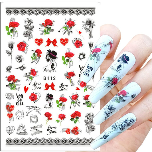 Colorful Flower Nail Art Stickers – Hearts Bows Roses Love You Decals Cute Self Adhesive Manicure Stickers You Go Girl Nails Design - Bow