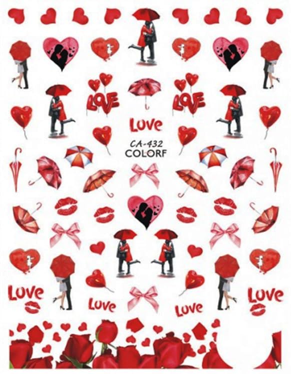 Love at Your Fingertips Valentine Nail Art Stickers - Cartoon Couples, Hearts - Perfect for Valentine's Day - Lips, Umbrella, Kiss Pink Bows