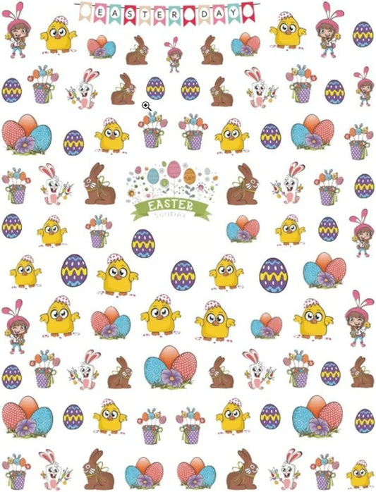 Playful Easter Nail Stickers Featuring Bunnies, Chicks, Colorful Easter Eggs, and Bunny Ears - Perfect for Nail Art pink yellow Chocolate