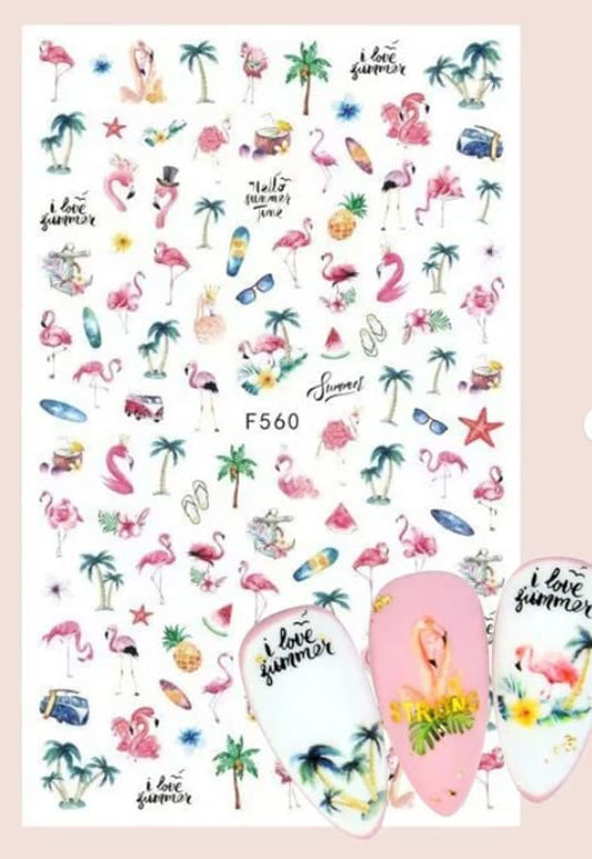 Tropical Flamingo Paradise Nail Stickers  for Fingernail Art – Pink Roses, Palms, Sandals – Beach Nails/Autocollants Ongles Été Tropical