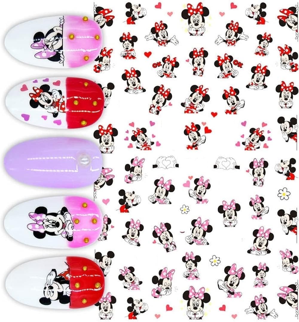 Red Bow Minnie n Mickey Cute Love Nail Decals: Floral, Heart, Yellow & Pink Bows Mouse, Daisy, Black Mouse Magic