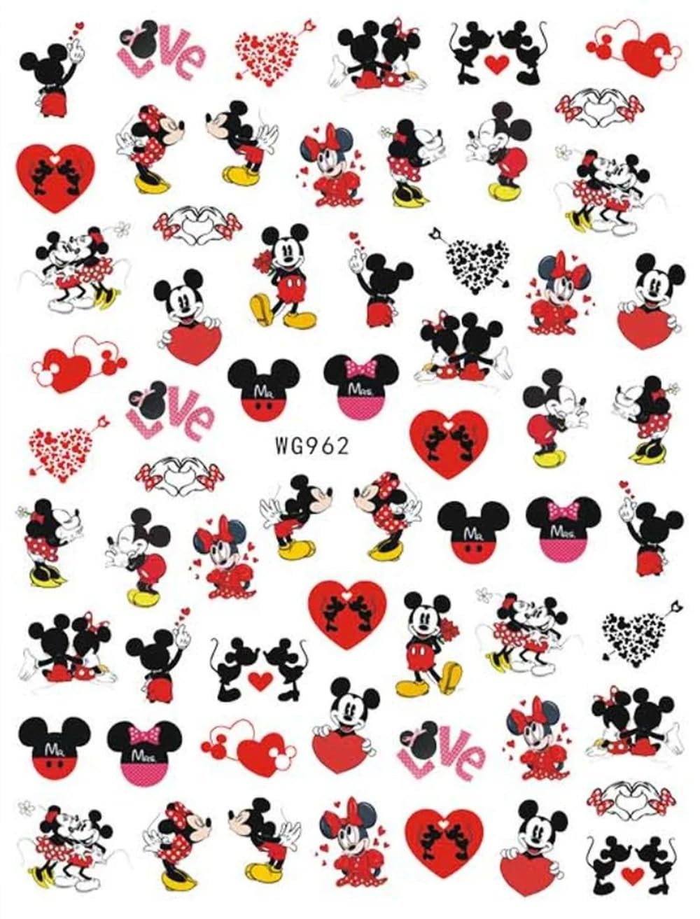 Spread the Love Cute Minnie & Mickey in Love Nail Decals Sticker - Nail Art Pink LOVE - Red Heart - Cute Mouse - Autocollent pour ongles, PC_WG-962