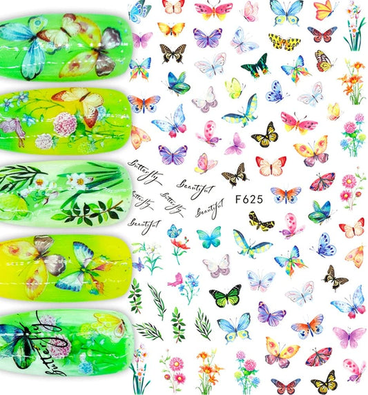 Colorful Butterfly Nail Art Stickers – Vibrant Floral Spring Summer Decals for Fingernails, Self Adhesive Manicure Designs , Pink, Green