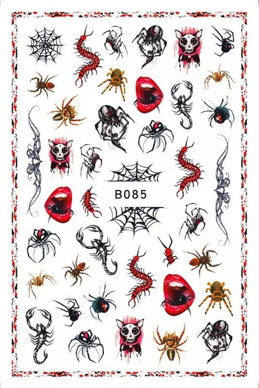 Gothic Halloween Nail Stickers, Spider Web Scorpion Centipede Nail Art Decals, Creepy Crawly Red Black Horror Manicure
