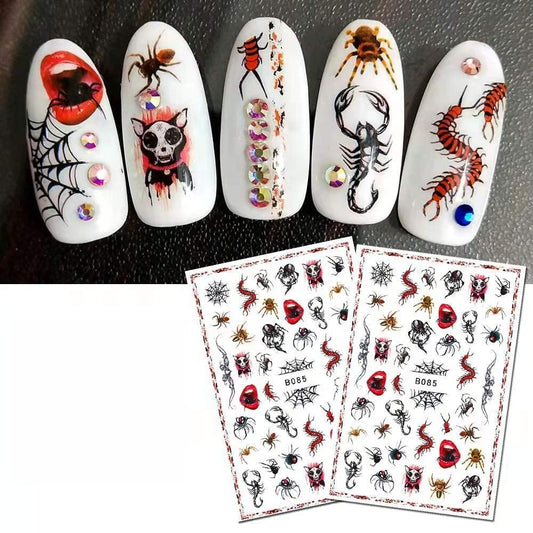 Gothic Halloween Nail Stickers, Spider Web Scorpion Centipede Nail Art Decals, Creepy Crawly Red Black Horror Manicure