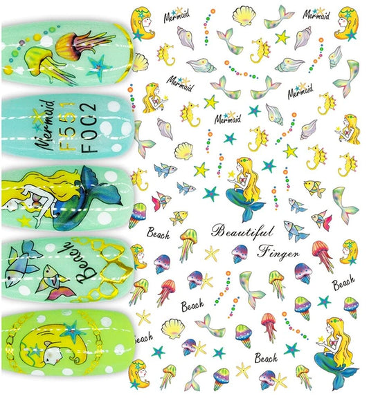 PaLiSoL Creations Full Sheet of 50+ Nail Stickers Decals Ocean Theme Mermaids Ocean Fish