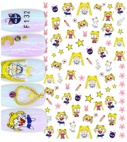 Anime Moon Nail Art Stickers Manga Girls Kitties Stars Bunnies Pink Wand Sailor