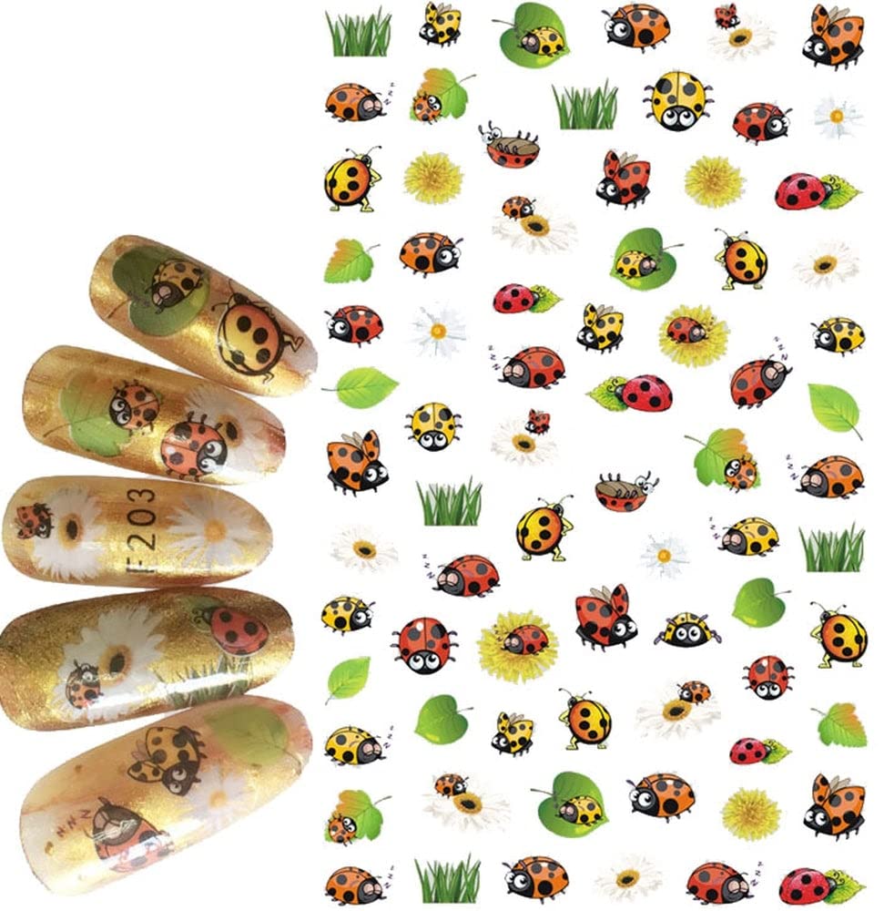 Ladybug Nail Stickers – Cute Summer Nail Art Decals in Red Green Yellow Black - Autocollants Ongles Coccinelle Été - Bugs and flowers