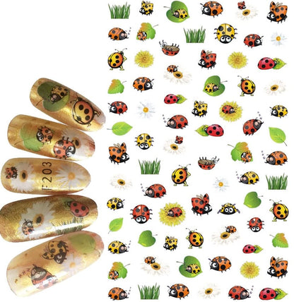 Ladybug Nail Stickers – Cute Summer Nail Art Decals in Red Green Yellow Black - Autocollants Ongles Coccinelle Été - Bugs and flowers
