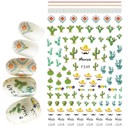 Cactus Nail Stickers - Mexico, Sombrero Hola and Tribal Designs over 50 Stickers - cinqo de mayo -