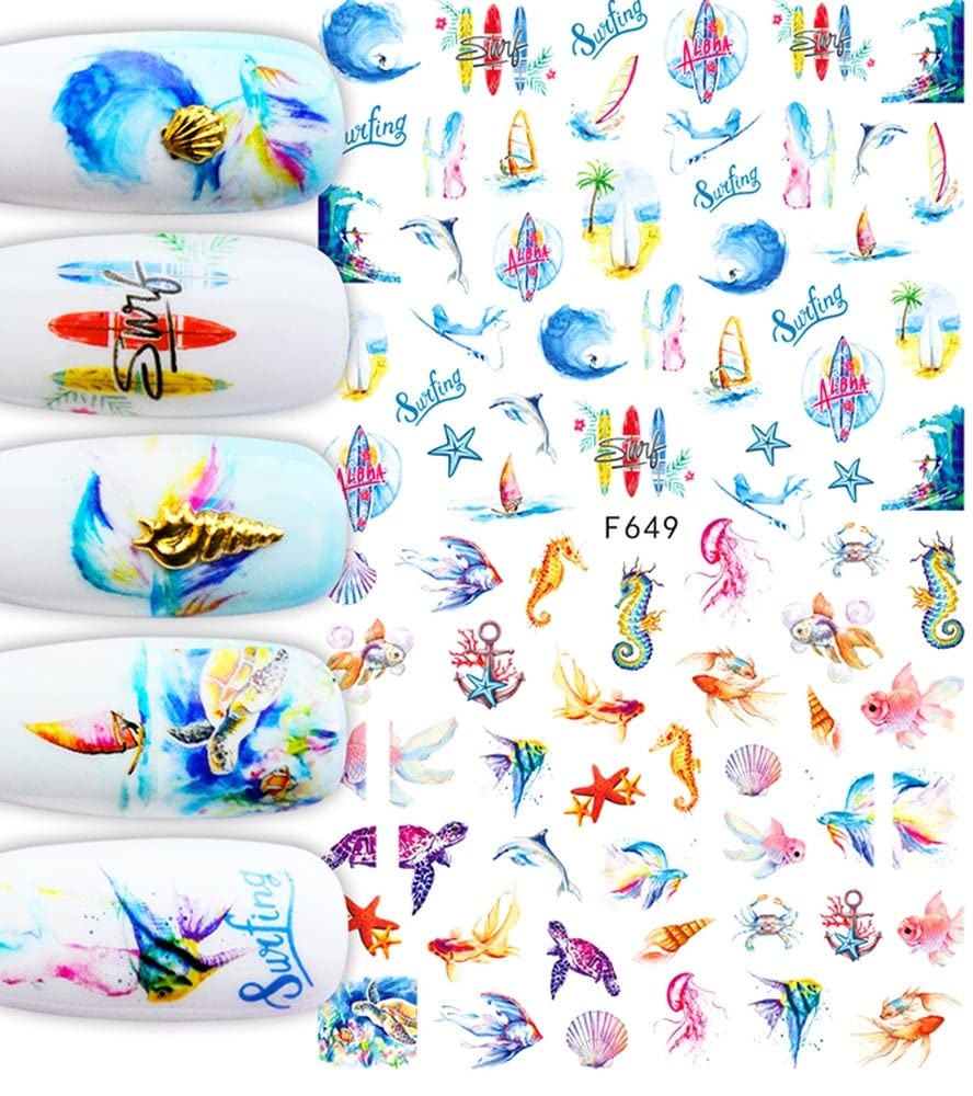 Ocean Delights Nail Art Stickers – Seahorses, Sea Turtles, Waves & Surf Designs for Cute Summer Beach Manicure Decals - Under the Sea Glamor