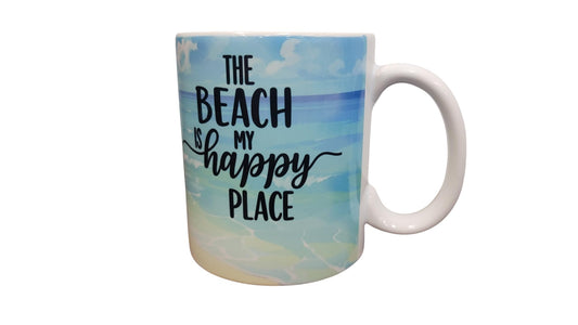 12oz Mug The Beach is My Happy Place with Beach Scene & Matching Wooden Coaster