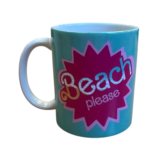 Beach Please Novelty Mug – Turquoise with Have a Nice Day Message Sassy Middle Finger Kiss – Funny Coffee Cup Matching Wooden Coaster