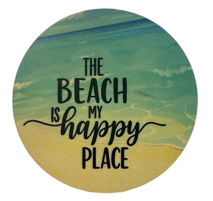 12oz Mug The Beach is My Happy Place with Beach Scene & Matching Wooden Coaster
