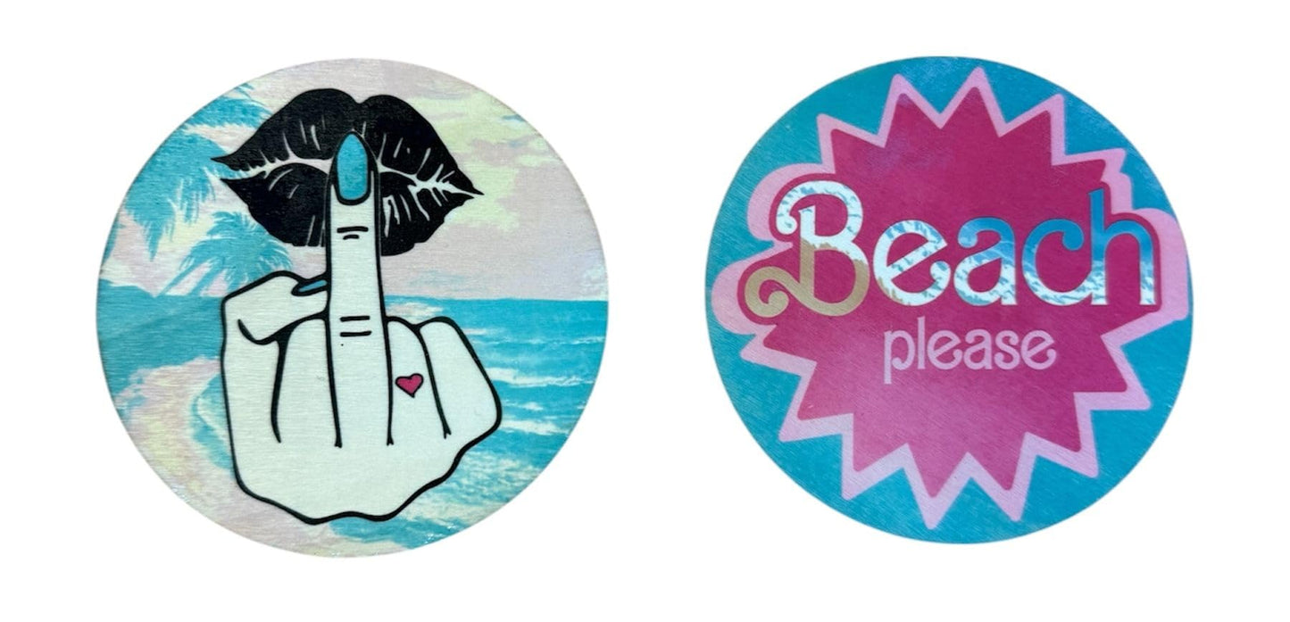 Beach Please Novelty Mug – Turquoise with Have a Nice Day Message Sassy Middle Finger Kiss – Funny Coffee Cup Matching Wooden Coaster